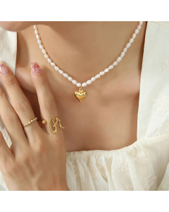 Glam Heart Shape Beaded Pearl Titanium Steel Necklace