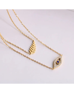 Fashion Plating Inlay Artificial Gemstones Leaf Eye Titanium Steel Layered Necklaces Colorza