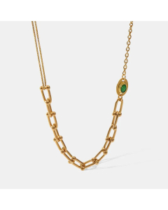 Trendy Oval Stainless Steel Chain Gold Plated Inlay Zircon Necklace Colorza