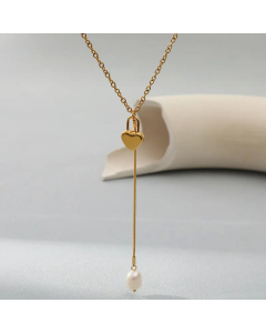 Heart Shape Lock Stainless Steel Pearl Tassel Gold Plated Pendant Necklace Colorza