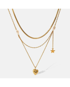 Fashion Gold Plated Star Heart Shape Stainless Steel Pearl Layered Necklaces Colorza