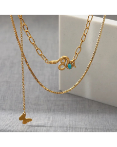 Fashion Snake Butterfly Stainless Steel Inlay Stone Layered Gold Plated Necklaces Colorza