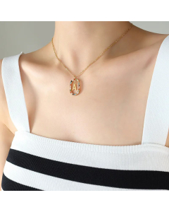 INS Style Letter Oval Titanium Steel Inlaid Mutil-Color Rhinestone Necklace Colorza