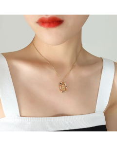 INS Style Letter Oval Titanium Steel Inlaid Mutil-Color Rhinestone Necklace Colorza