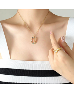 INS Style Letter Oval Titanium Steel Inlaid Mutil-Color Rhinestone Necklace Colorza