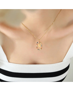 INS Style Letter Oval Titanium Steel Inlaid Mutil-Color Rhinestone Necklace Colorza