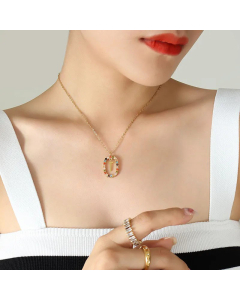 INS Style Letter Oval Titanium Steel Inlaid Mutil-Color Rhinestone Necklace Colorza