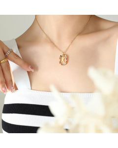INS Style Letter Oval Titanium Steel Inlaid Mutil-Color Rhinestone Necklace Colorza