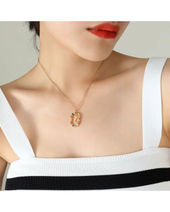 INS Style Letter Oval Titanium Steel Inlaid Mutil-Color Rhinestone Necklace Colorza