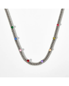 Fashion Thick Curby Chain Stainless Steel Zircon Inlaid Necklace Colorza-Steel Color-01