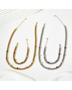 Fashion Thick Curby Chain Stainless Steel Zircon Inlaid Necklace Colorza