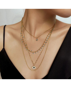Bohemia Style Multilayer Eye Pendent Titanium Steel Layered Rhinestones Necklace