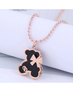 Cute Bear With Bowkont Pendant Titanium Steel Plating Resin Necklace Colorza-Rose Gold Color-Black