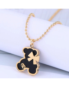 Cute Bear With Bowkont Pendant Titanium Steel Plating Resin Necklace Colorza-Gold Color-Black