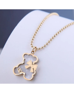 Cute Bear With Bowkont Pendant Titanium Steel Plating Resin Necklace Colorza-Gold Color-White