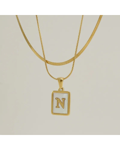 Fashion Letter Square Pendent Inlay Shell Layered Titanium Steel Necklaces Colorza