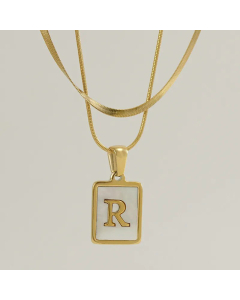 Fashion Letter Square Pendent Inlay Shell Layered Titanium Steel Necklaces Colorza