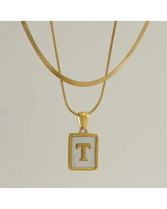 Fashion Letter Square Pendent Inlay Shell Layered Titanium Steel Necklaces Colorza