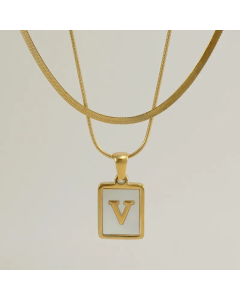 Fashion Letter Square Pendent Inlay Shell Layered Titanium Steel Necklaces Colorza