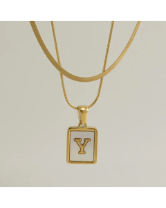 Fashion Letter Square Pendent Inlay Shell Layered Titanium Steel Necklaces Colorza