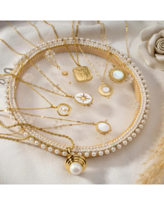 Fashion Gold Plated Artificial Pearls Geometric Titanium Steel Pendant Necklace