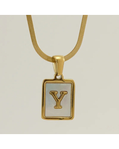 Minimalism Square Letter Titanium Steel Plating Inlay Shell Pendant Necklace Colorza