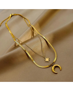Fashion Star Moon Titanium Steel Plating Double Chain Necklace