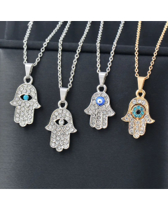 Fashion Palm Eye Stainless Steel Zircon Inlaid Pendant Necklace Colorza