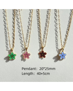 Retro Enamel Gold Plated Flower Titanium Steel Pendant Fine Necklace Colorza
