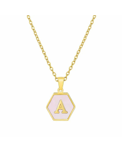 Fashion Inlaid Shell Letter Geometric Titanium Steel Necklace Colorza-Pink-A