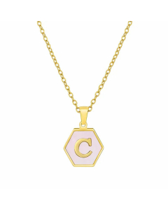 Fashion Inlaid Shell Letter Geometric Titanium Steel Necklace Colorza-Pink-C