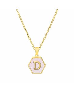 Fashion Inlaid Shell Letter Geometric Titanium Steel Necklace Colorza-Pink-D