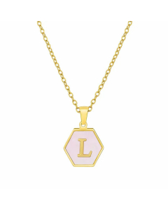Fashion Inlaid Shell Letter Geometric Titanium Steel Necklace Colorza-Pink-L