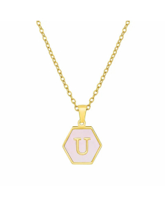 Fashion Inlaid Shell Letter Geometric Titanium Steel Necklace Colorza-Pink-U
