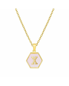 Fashion Inlaid Shell Letter Geometric Titanium Steel Necklace Colorza-Pink-X