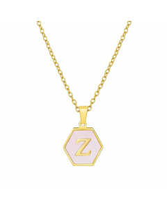 Fashion Inlaid Shell Letter Geometric Titanium Steel Necklace Colorza-Pink-Z