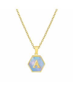 Fashion Inlaid Shell Letter Geometric Titanium Steel Necklace Colorza-Blue-A
