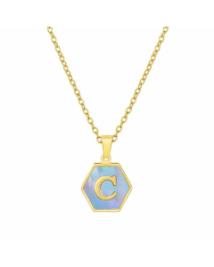 Fashion Inlaid Shell Letter Geometric Titanium Steel Necklace Colorza-Blue-C