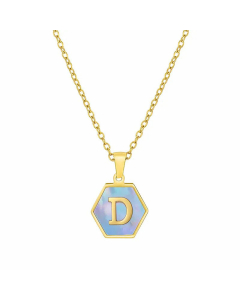 Fashion Inlaid Shell Letter Geometric Titanium Steel Necklace Colorza-Blue-D