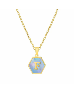Fashion Inlaid Shell Letter Geometric Titanium Steel Necklace Colorza-Blue-F