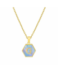 Fashion Inlaid Shell Letter Geometric Titanium Steel Necklace Colorza-Blue-G