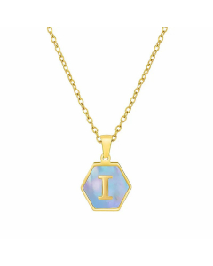 Fashion Inlaid Shell Letter Geometric Titanium Steel Necklace Colorza-Blue-I