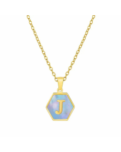 Fashion Inlaid Shell Letter Geometric Titanium Steel Necklace Colorza-Blue-J