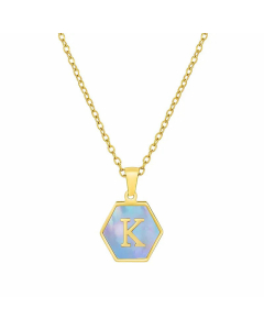 Fashion Inlaid Shell Letter Geometric Titanium Steel Necklace Colorza-Blue-K