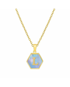 Fashion Inlaid Shell Letter Geometric Titanium Steel Necklace Colorza-Blue-L