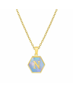 Fashion Inlaid Shell Letter Geometric Titanium Steel Necklace Colorza-Blue-N