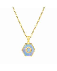 Fashion Inlaid Shell Letter Geometric Titanium Steel Necklace Colorza-Blue-O