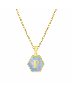 Fashion Inlaid Shell Letter Geometric Titanium Steel Necklace Colorza-Blue-P