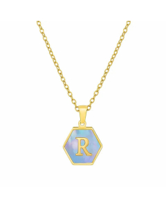 Fashion Inlaid Shell Letter Geometric Titanium Steel Necklace Colorza-Blue-R