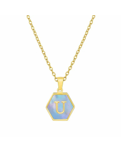 Fashion Inlaid Shell Letter Geometric Titanium Steel Necklace Colorza-Blue-U